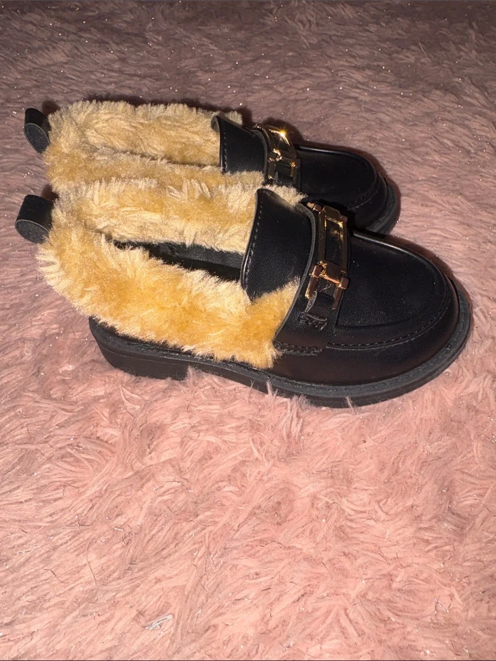 GAP Black Loafers with Yellow Faux Fur Trim and Gold Hardware